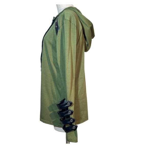 Mens Lace Up Hooded Shirt Green Faux Black Leather Size L Cosplay Medieval - Picture 5 of 7